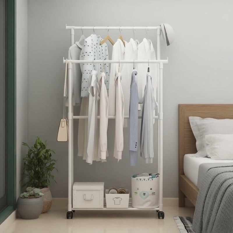 1 double pole simple multifunctional household floor Laundry drying rack, clothes drying pole assembly, clothes drying storage rack, clothes hanging rack storage rack with storage layer rack, drying and storage 2-in-1 Shelf Single Layer Rack