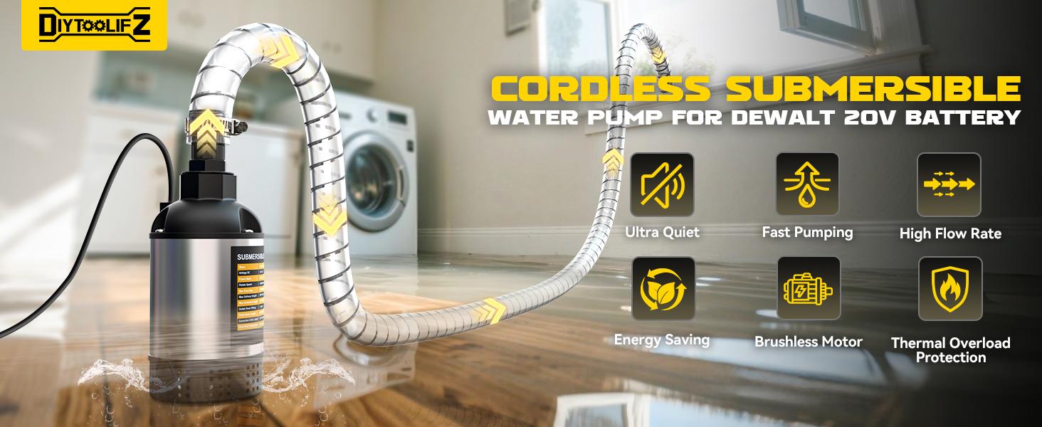 Cordless Submersible Water Pump Compatible with DeWalt 20V Battery(NO BATTERY!!), 1268GPH High Flow Sump Pump with 6.5ft Hose, for Swimming Pool Garden Draining Cordless Submersible Water Pump Compatible with DeWalt 20V Battery(NO BATTERY!!), 1268GPH High Flow Sump Pump with 6.5ft Hose, for Swimming Pool Garden Draining