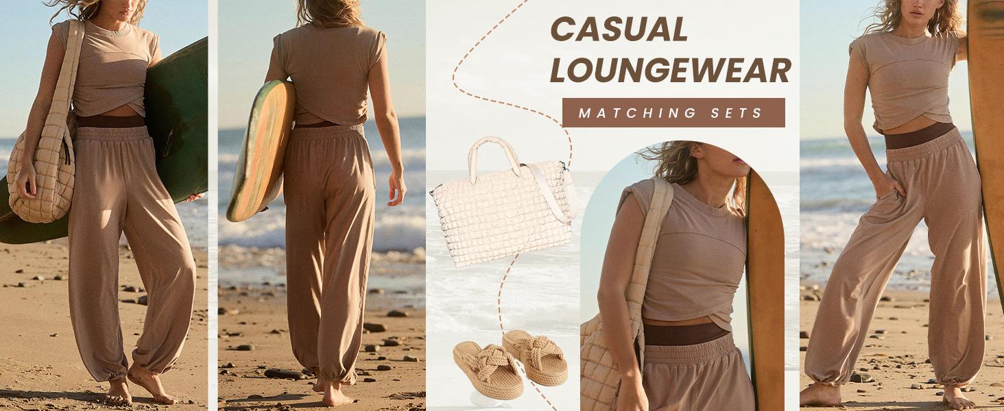 SCUSTY Women's Two Pieces Sweatsuits Casual Cropped Tee Top Sweatpants Athletic Tracksuits