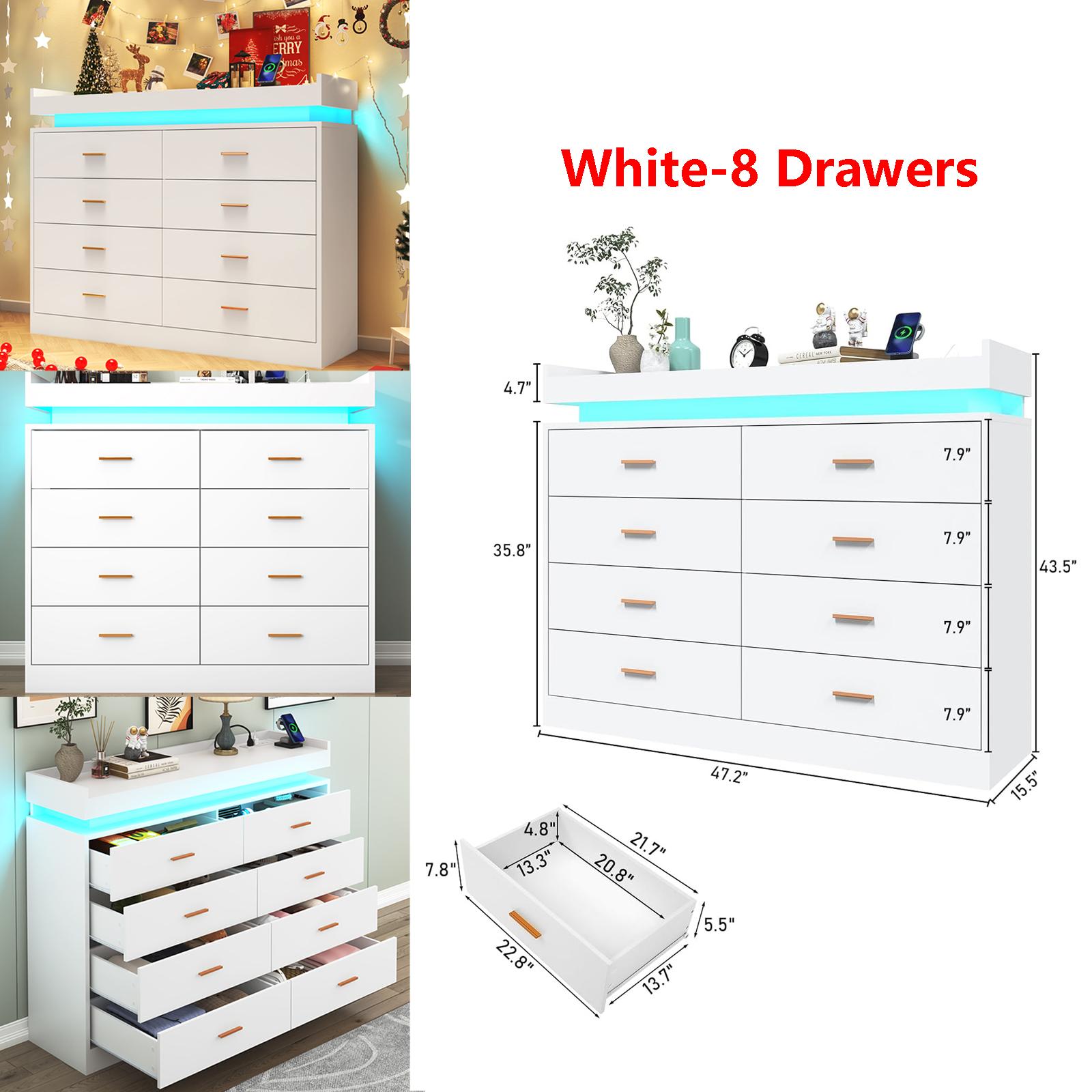 Dresser with LED Light and Charging Station, Modern Chest of Drawers for Closet, Wide Drawer Organizer Cabinet for Bedroom, Living Room, Entryway, Hallway
