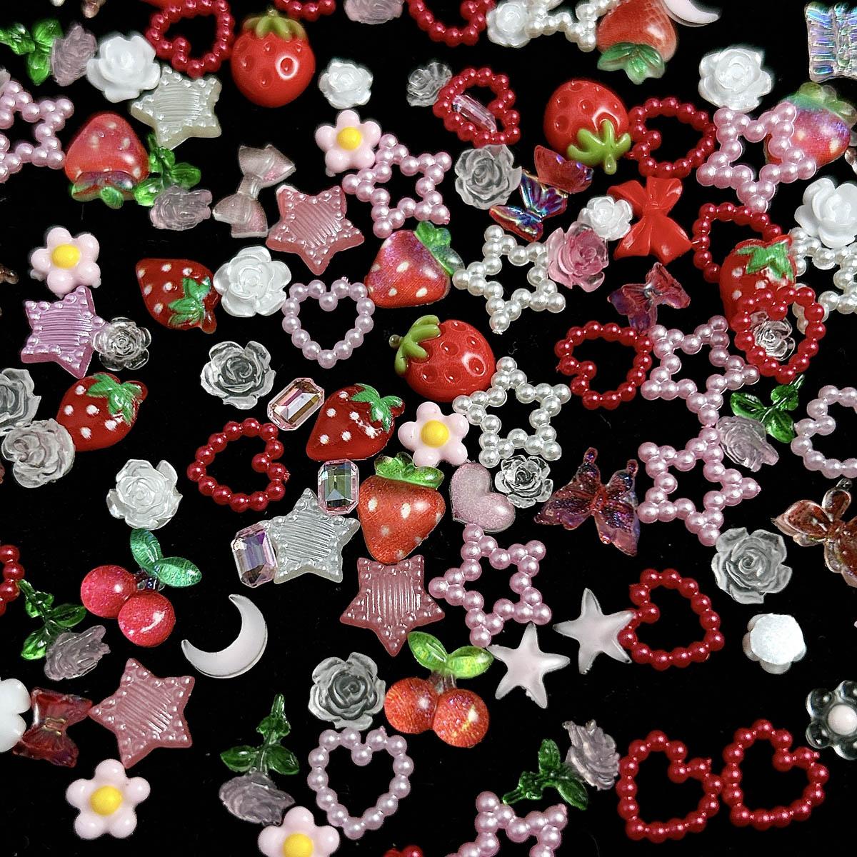 100PCS 3D Creative Strawberry Bow Cherry Resin Nail Charms Simulated Pearl Heart Transparent Camellia Butterfly Rose Decorations for Women DIY Phone Case Nail Art Supplies