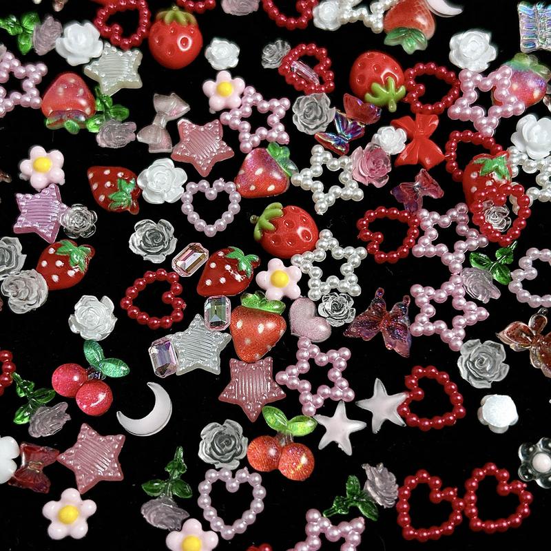 100PCS 3D Creative Strawberry Bow Cherry Resin Nail Charms Simulated Pearl Heart Transparent Camellia Butterfly Rose Decorations for Women DIY Phone Case Nail Art Supplies
