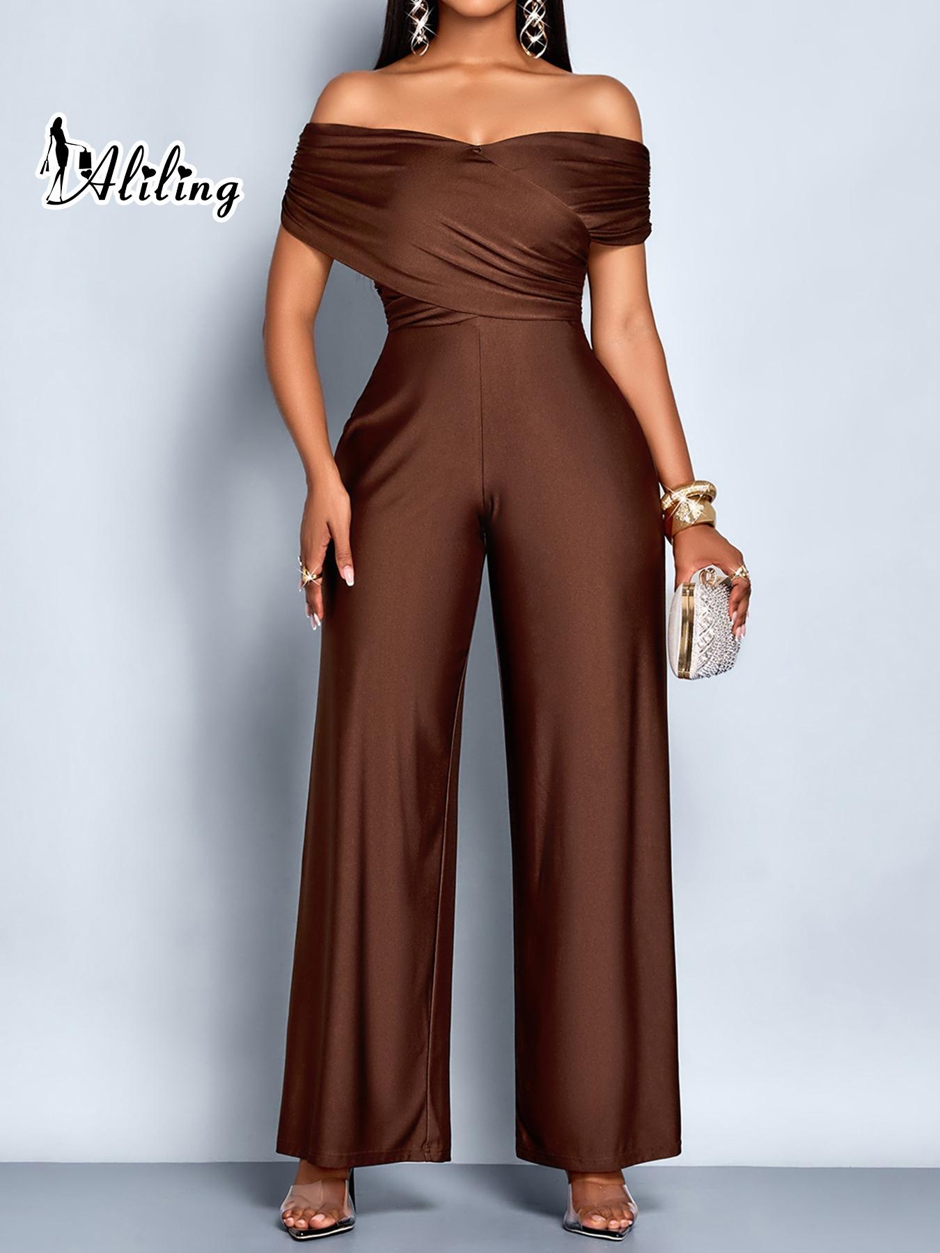 Aliling Elegant Casual Women's Solid Color One-Piece Jumpsuit, Shoulder Cut Out High Waist Straight Leg Pants, All Seasons Slim Fit