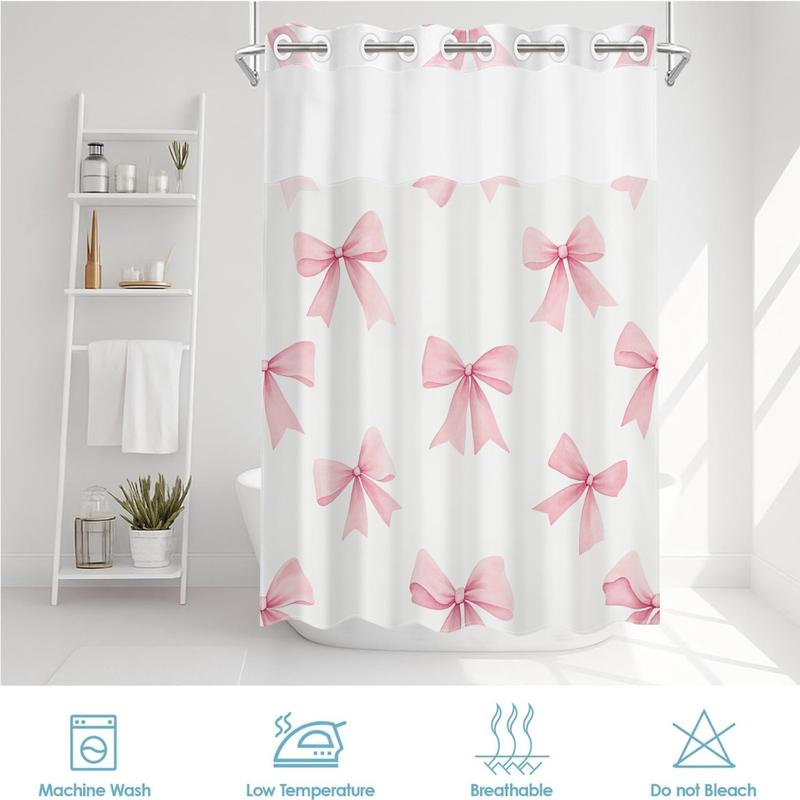 1pc hookless shower curtain with buckle lining, spring pink and white bow pattern design, 2D flat printing, fabric waterproof lining, see-through double-layer shower curtain, 71 x 74 inches, modern home draping curtain, Shower Curtain Liner 1pc hookless shower curtain with buckle lining, spring pink and white bow pattern design, 2D flat printing, fabric waterproof lining, see-through double-layer shower curtain, 71 x 74 inches, modern home draping curtain, Shower Curtain Liner