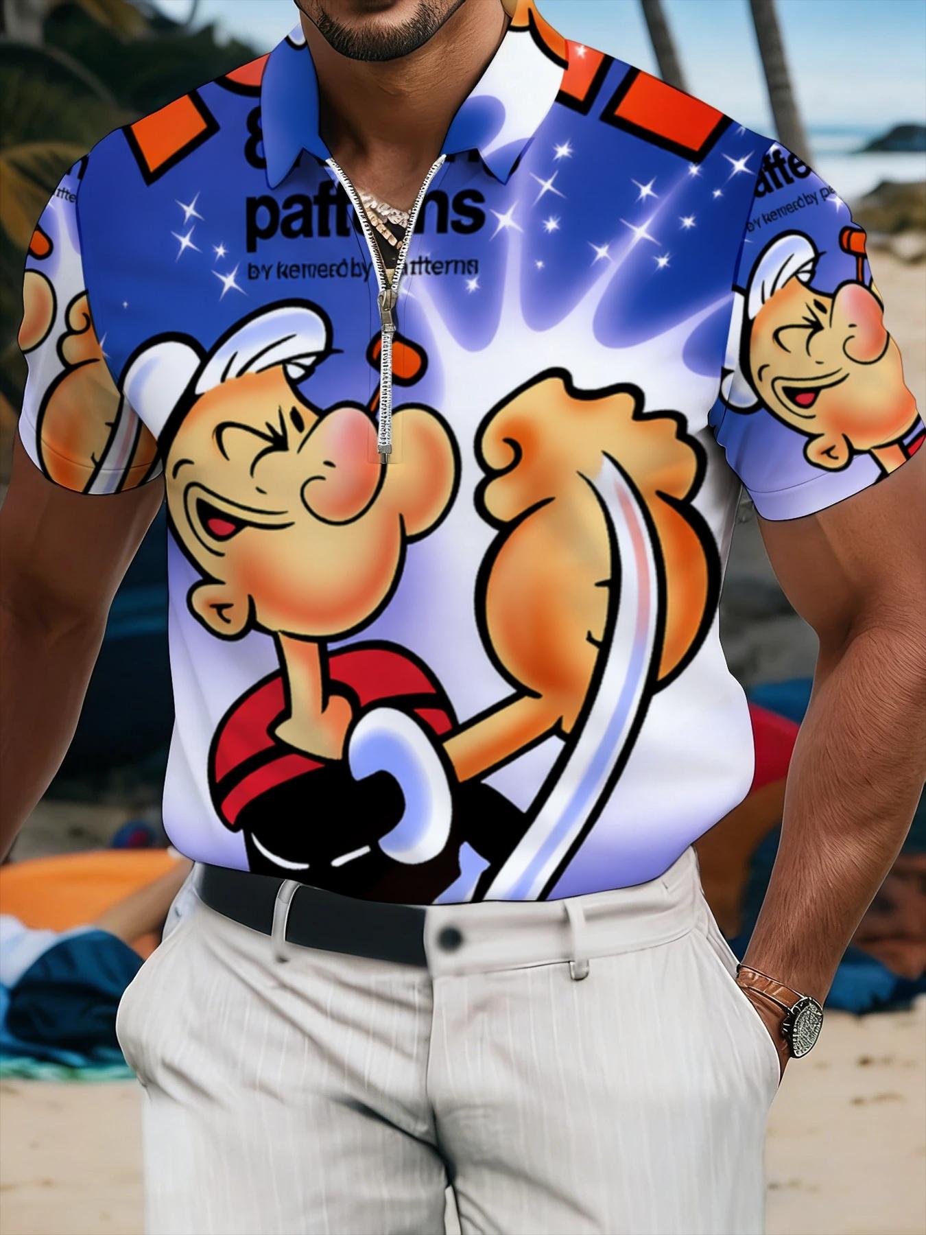 Cartoon Nautical Theme Short Sleeve Polo Shirt, Men's Casual Printed Lapel Top, Summer Beach Fashion Apparel