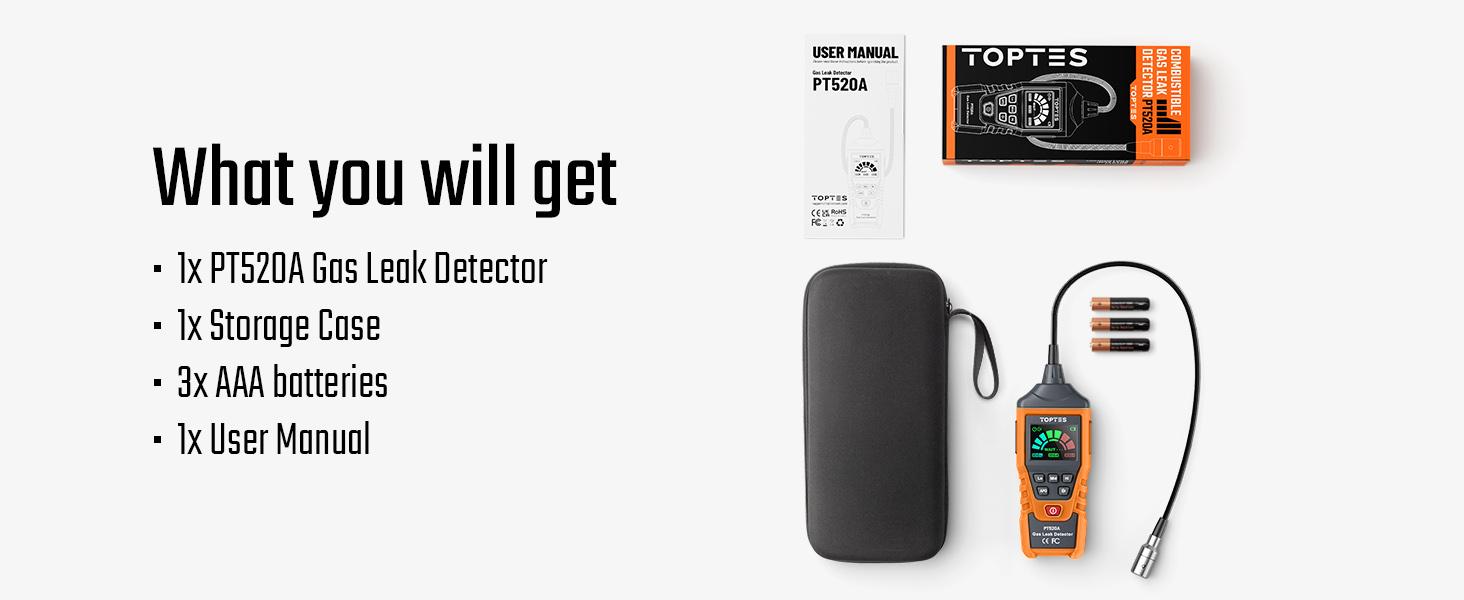 TopTes PT520A Gas Leak Detector with 17-Inch Gooseneck, Locating The Source of Propane, Natural Rechargeable Gas, and Combustible Portable Gas Leak for Home and RV (Includes Battery x3) Safety Tools – Orange