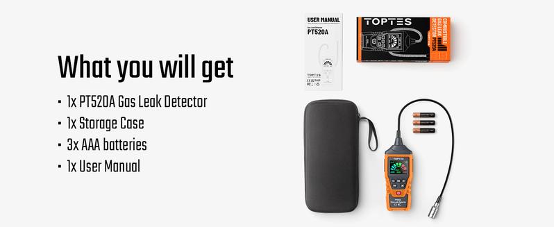TopTes PT520A Gas Leak Detector with 17-Inch Gooseneck, Locating The Source of Propane, Natural Rechargeable Gas, and Combustible Portable Gas Leak for Home and RV (Includes Battery x3) Safety Tools – Orange