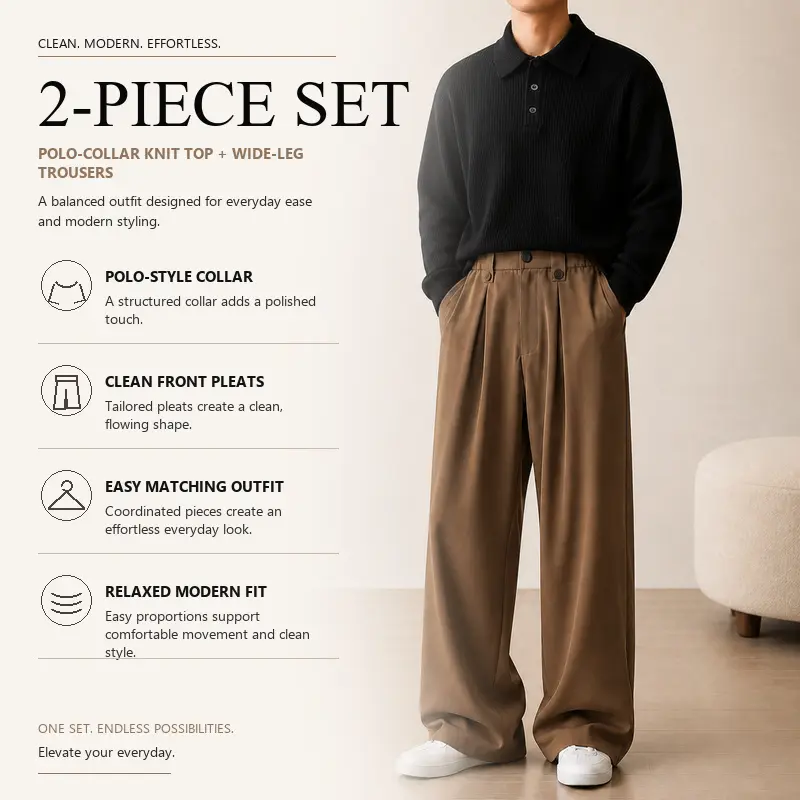 Men's Casual Sweater and Pants Set, Polo Collar Ribbed Knit Sweater with Wide Leg Tailored Pants, 8 Curated Solid Color Pairings, Sizes S-XXL, Daily Work Travel Style, Group 6
