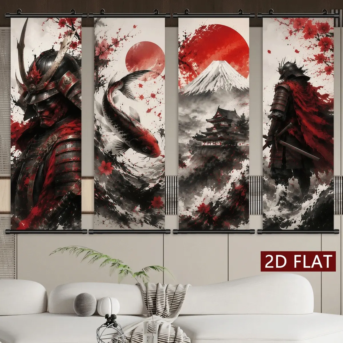 4Pcs Hanging Scrolls Painting, Japanese Samurai Koi Mountain Temple, Canvas Posters, Art For Home, Living Room, Bedroom Decoration, Pattern Wall Art Decor, Halloween Christmas Gift, Print, Artwork.