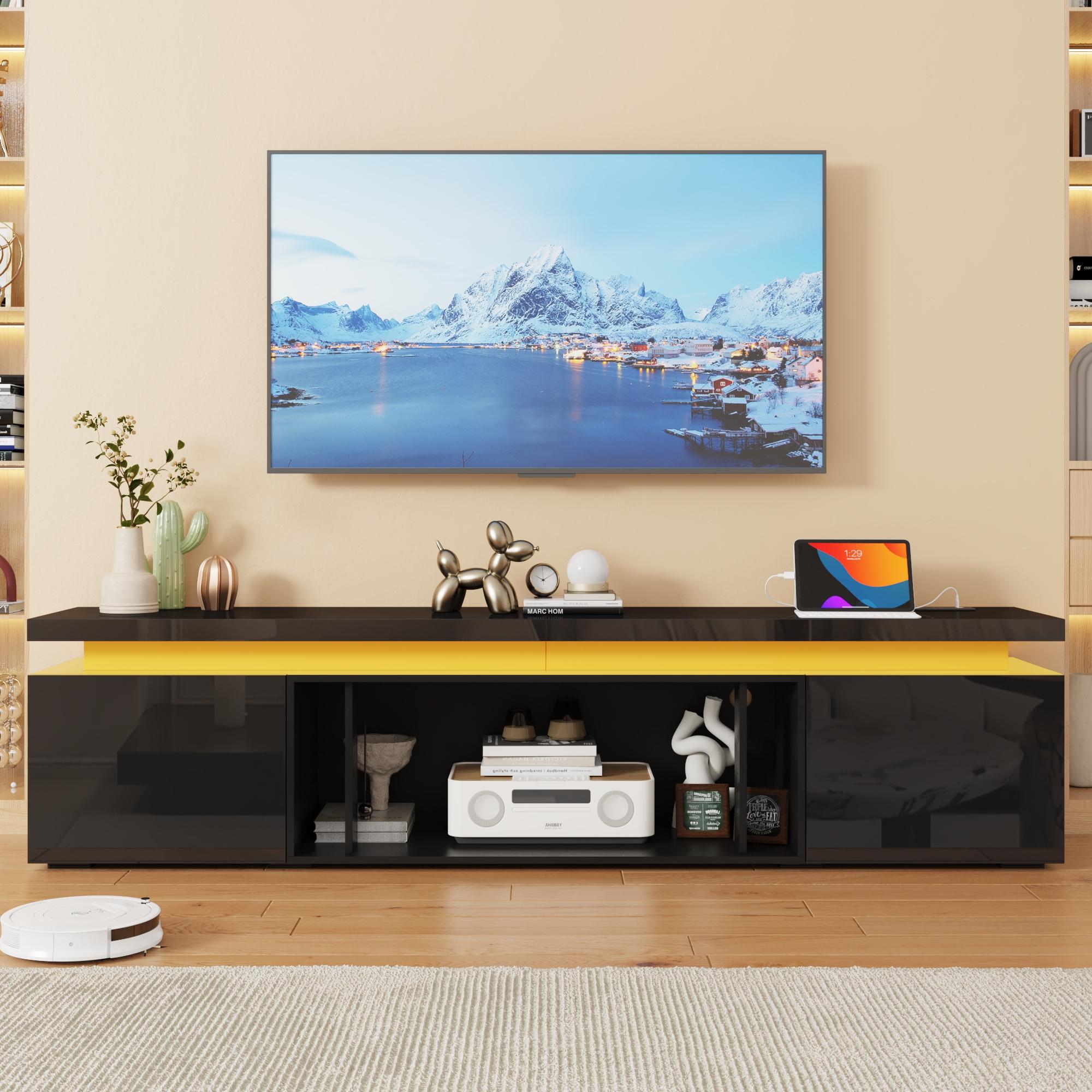 LED TV Stand for 70/75/80/85/90/95 inch TV/Fireplace TV Stand , TV Stand with 40" Electric Fireplace & Power Outlet, High Gloss Surface, 2 Storage Cabinet, Modern Style for Living Room (83 Inch/71 Inch, White/Black)