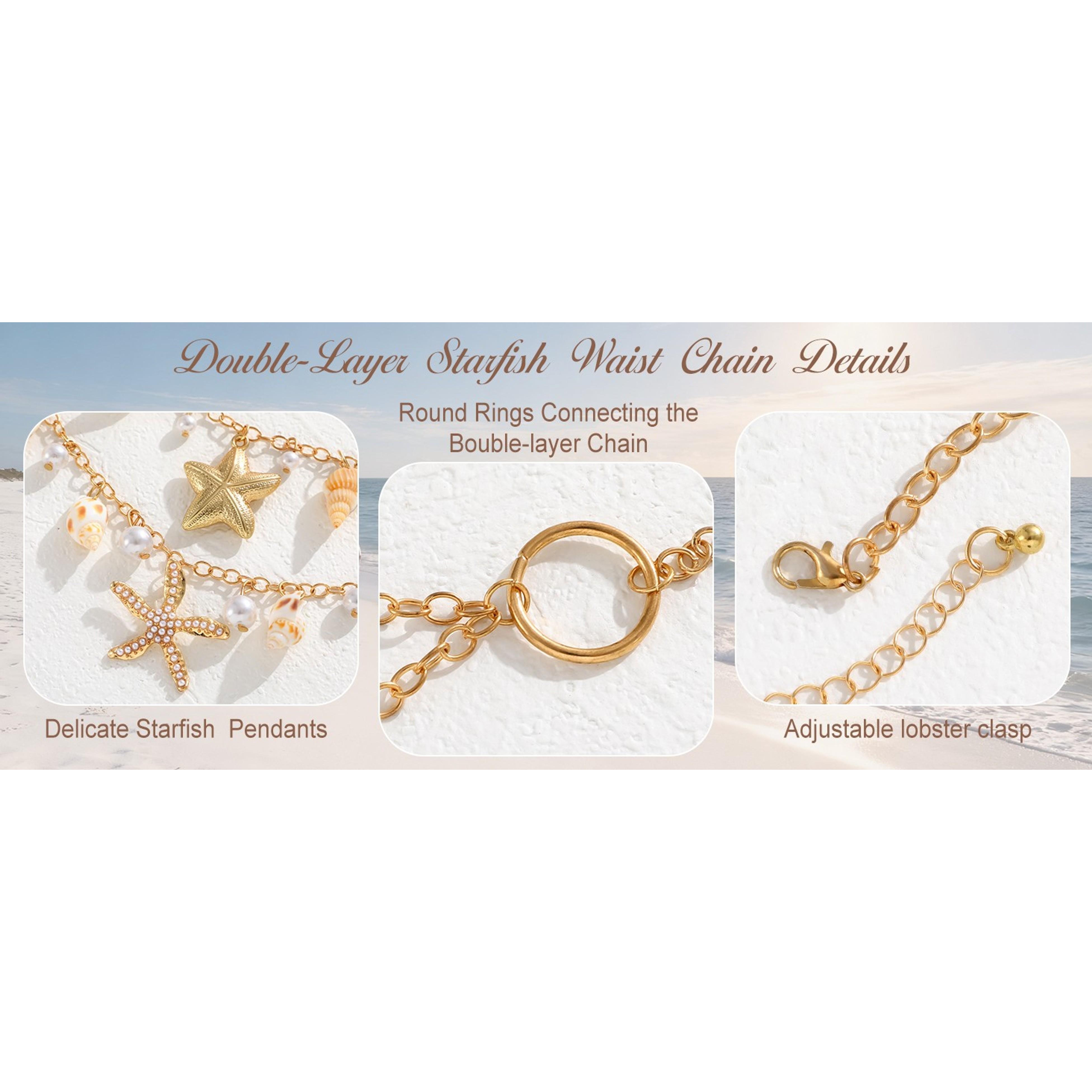 Starfish Pearl Waist Chain for Women - Mermaid Seashell Belly Chain, Gold Pirate Rave Festival Summer Bikini Beach Jewelry Accessories(Gift)