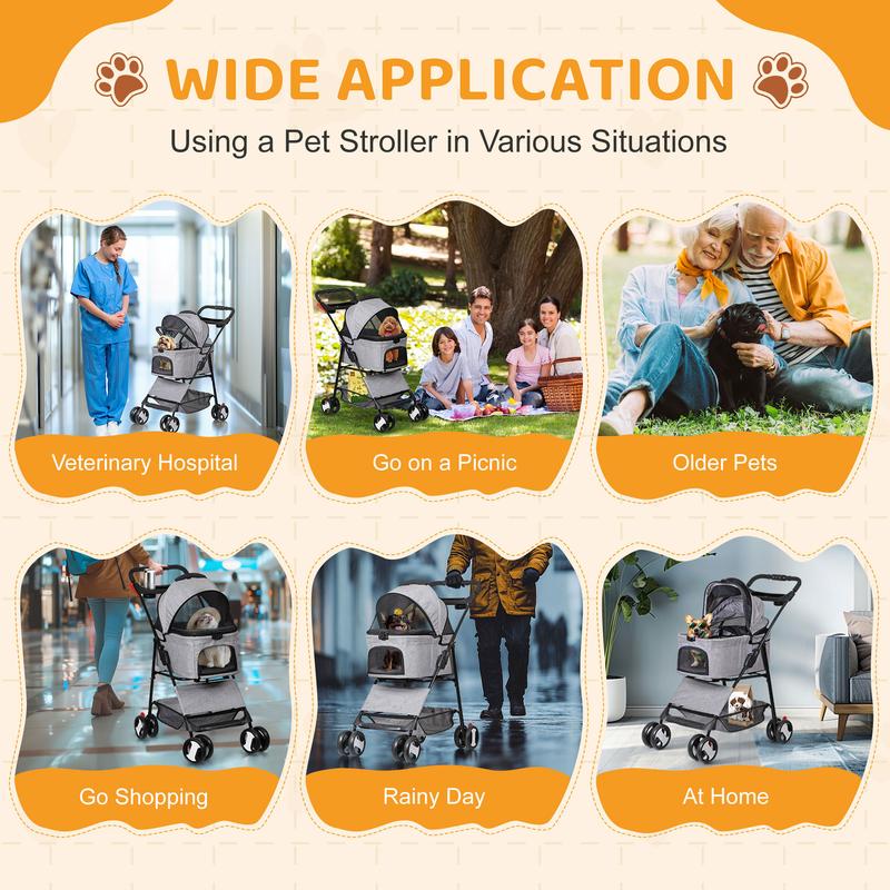 Pet Republic 4 Wheels 3-in-1 Foldable Pet Dog Stroller W/Detachable Carrier for Small Dog Cat W/Storage Basket & Cup Holder, Gray