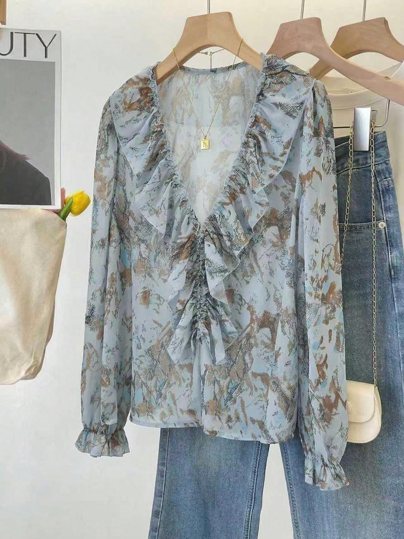 Women's Deep V Neck Snake Print Chiffon Blouse Shirts, Loose Fit Long Sleeve Top, Transparent Design, Holiday Style, Fashionable Women's Clothing