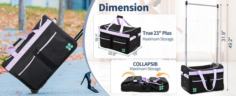 Lilypelle 23"/27" Dance Bag with Garment Rack, Collapsible Rolling Duffel with Wheels – Travel Bag for Competitions, Shows, and Performances