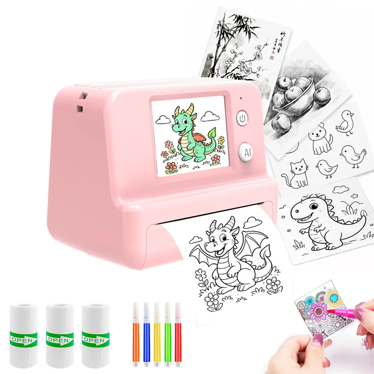 Voice Imaging Ai Mini Printer, Inkless Printer, Smart Ai Voice Sticker Maker with Display, Includes 3 Rolls Adhesive + 5 Color Pens, Ideal for Photos, DIY, Gifts