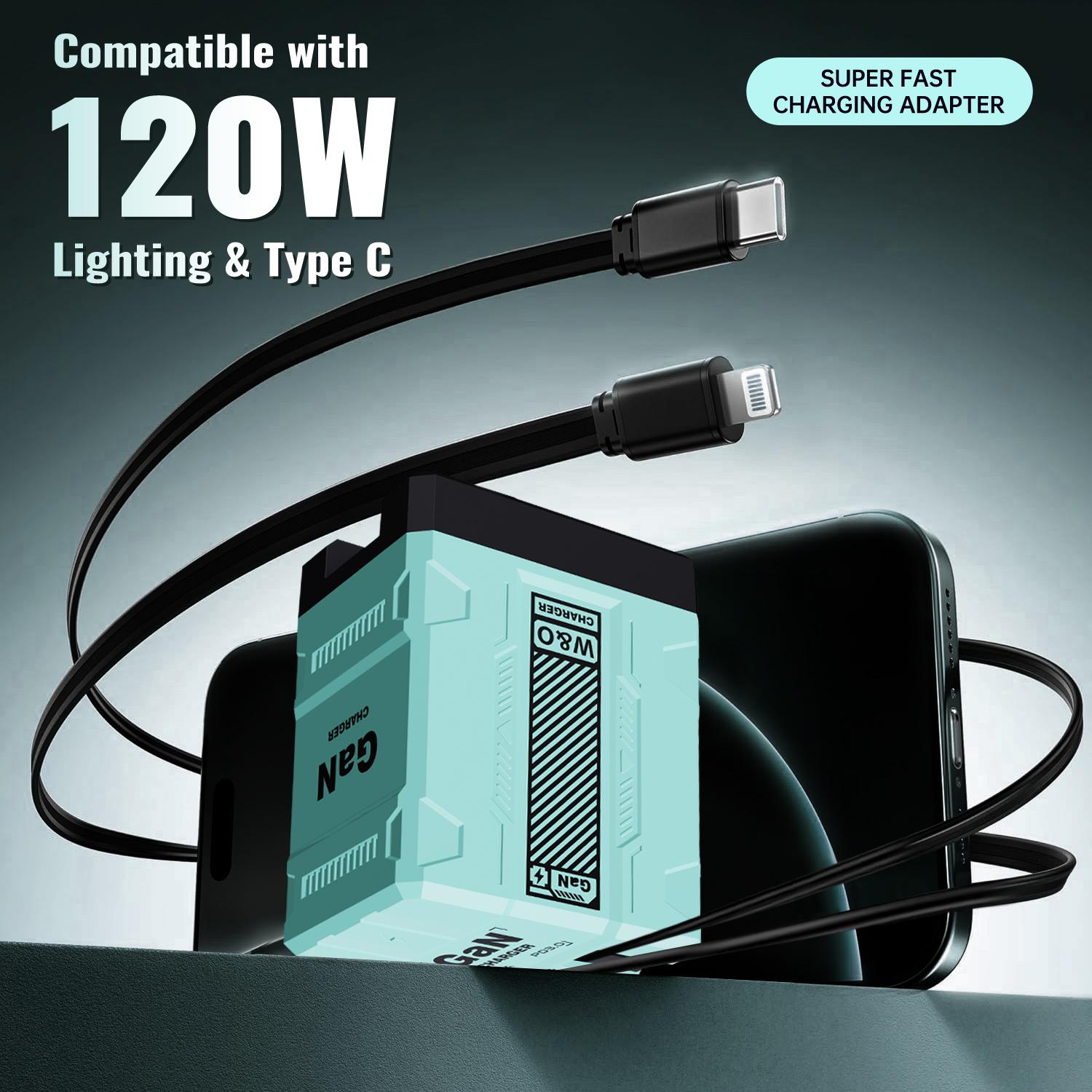 GaN Charger Compatible with 120W Fast Charger with Retractable Type-c and Lighting Cable,Protable Adaptor for iPhone 16, iPad, MacBook, Multi-Device Fast Charging, Folding Charging Cellphone Electronic