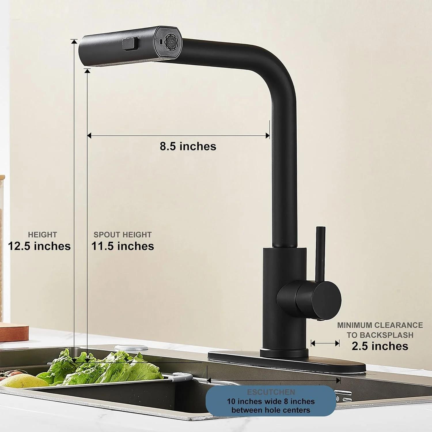 Kitchen Faucets with Pull Down Sprayer Matte Black, 3 Mode Kitchen Sink Faucet with Deck Plate for Farmhouse RV Vessel Basin