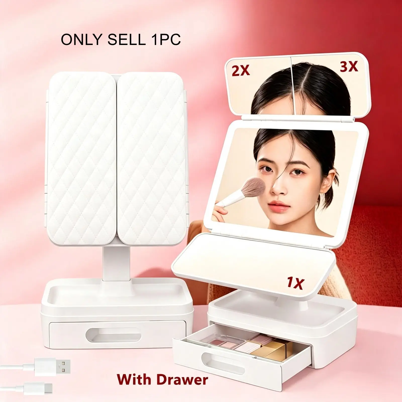 LED Makeup Mirror with Storage Drawer, Rechargeable Tripod Design, 2x-3x Magnification, Touch Control, Adjustable Brightness, Lighted Vanity Mirror, Portable Lighting Mirror, Gift Idea