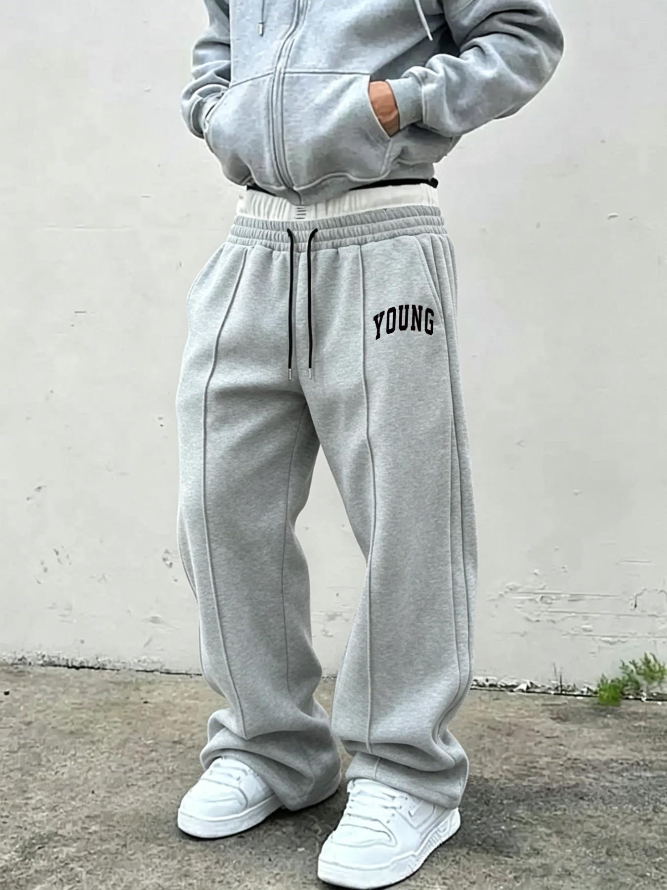 Men's Casual Graphic Print Pants, Fitted Comfortable Sweatpants, Drawstring Wide Leg Fashion, Spring & Fall Wear, Youthful Style