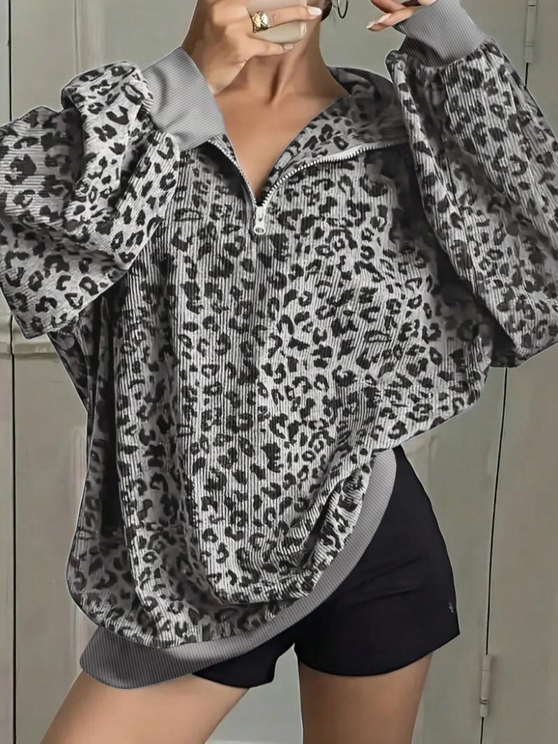 Plus Women Leopard Print Long Sleeve Casual Sweatshirt – Half-Zip V-Neck & Puff Sleeves Design, Perfect for Y2K Grunge or Casual Lazy Vibes, Soft Knit Fabric with Contrast Trim