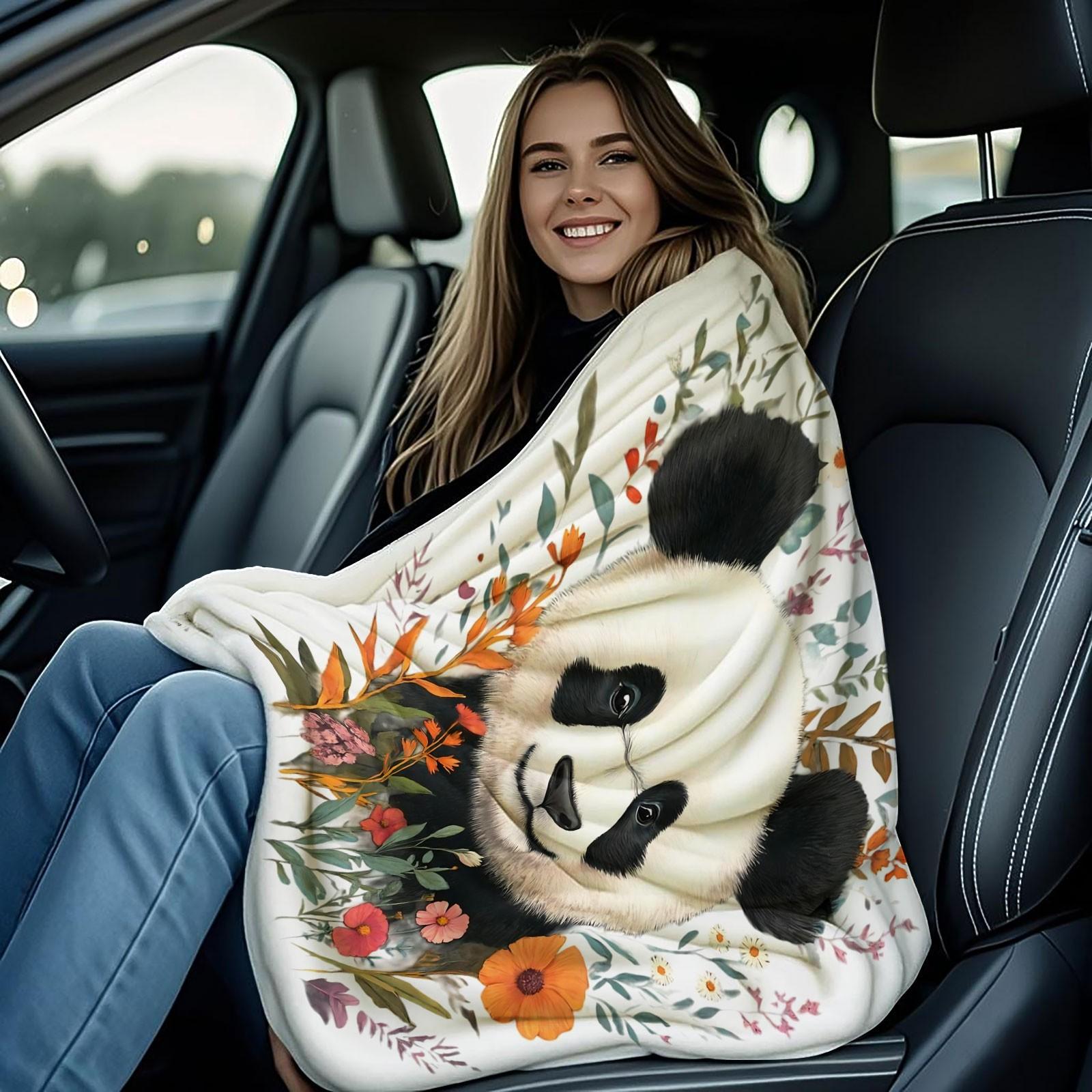 Boho Watercolor Panda Wildflower Flannel Blanket, Aesthetic Floral Animal Print Throw Blanket, Ultra Soft Cozy Warm Blanket, Stylish Gift Blanket for Panda Lovers, Couch, Bed & Home Decor