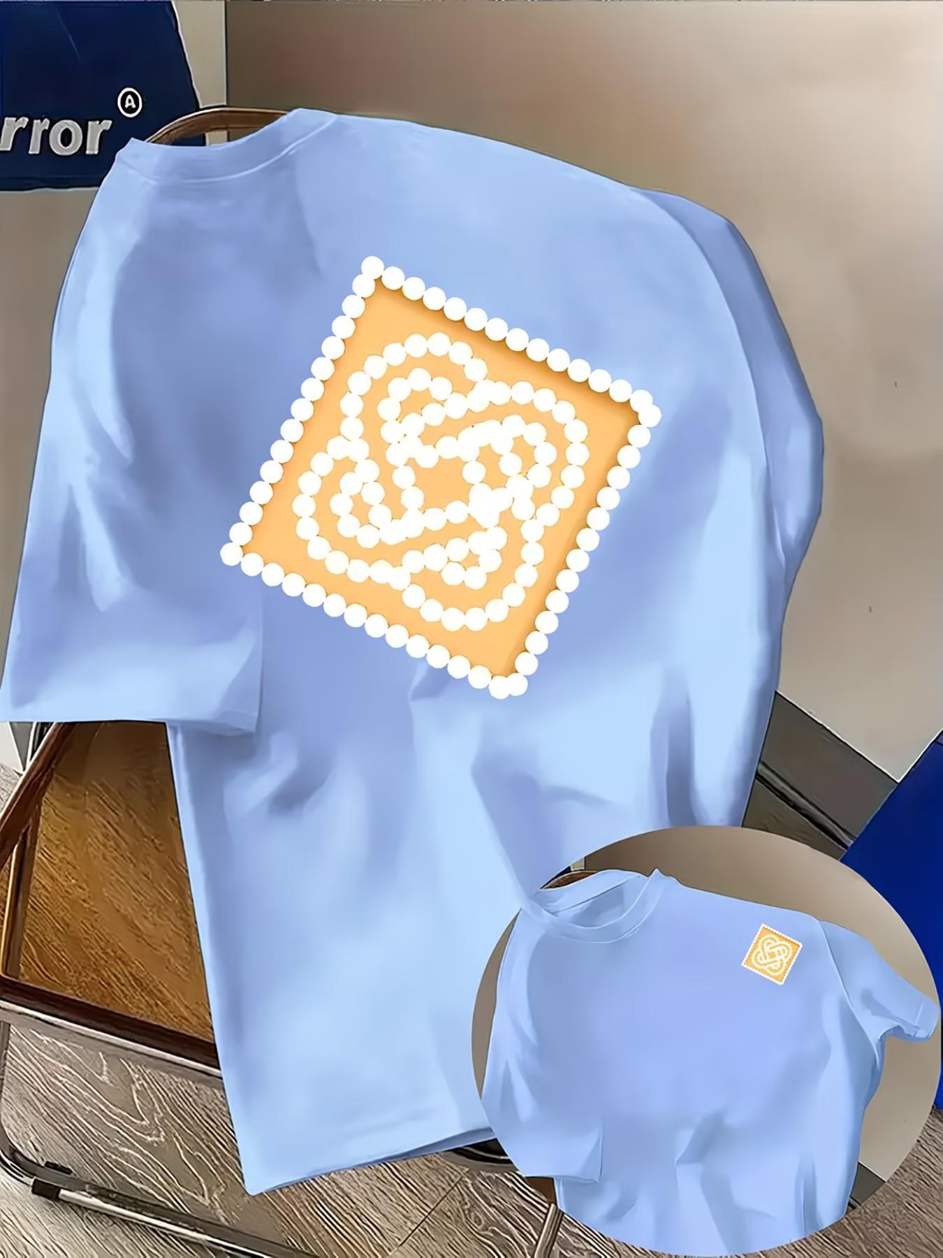 Men's Casual T-Shirt with Casablanca Letter Print, Fashion Double-Sided Graphic Tee, Round Neck, Comfortable Polyester, Streetwear