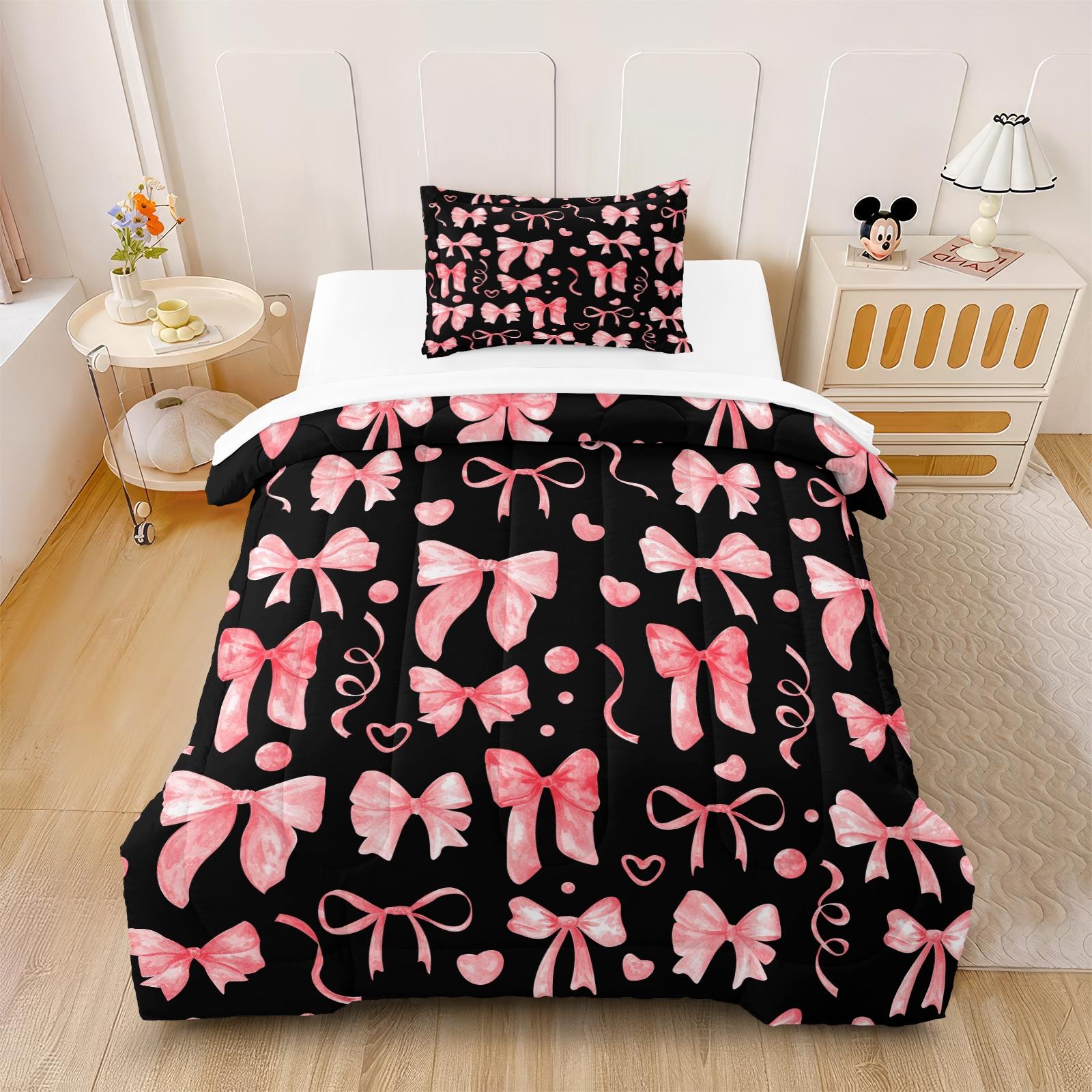 2/3 Pcs Coquette Pink Bow Print Comforter Set, Cute Y2K Aesthetic Bedding Set, Soft Warm Breathable & Fade Resistant Digital Print, Ideal for Girls Bedroom Dorm Guest Room Decor, All Season Use - Without Pillow Insert