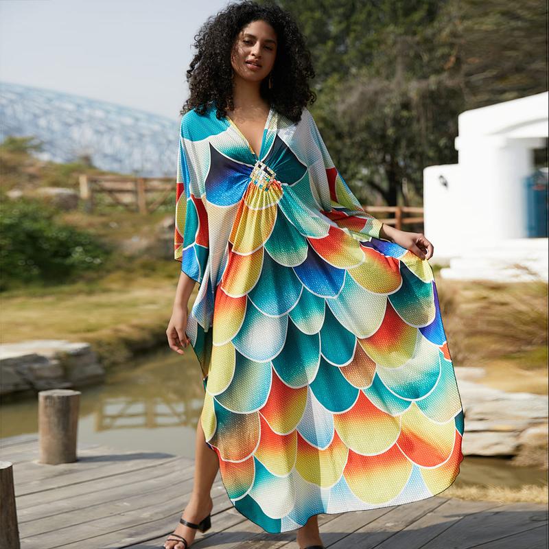 Bsubseach Women Ethnic Print Kaftan Beach Dress Plus Size Swimsuit Cover Up