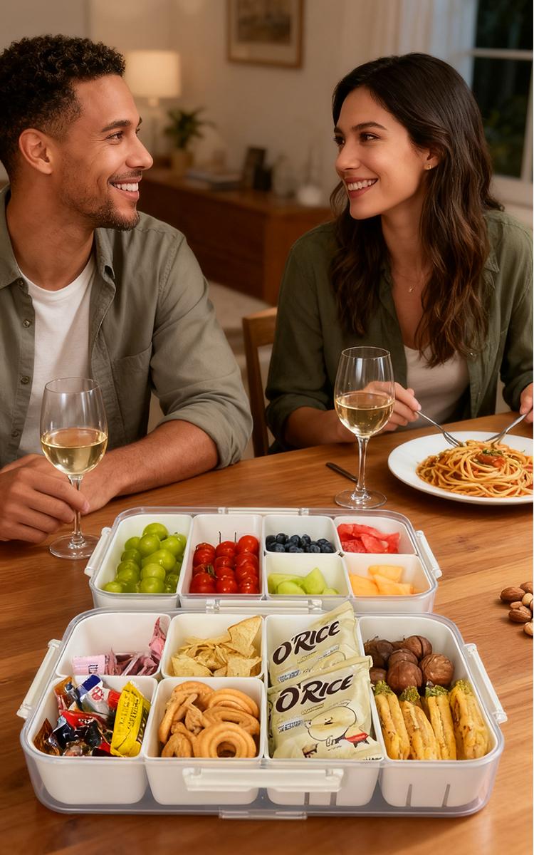 Dual Layer 16-Grid Divided Serving Platter with Lid, Large Capacity Snack & Appetizer Tray Organizer for Hosting and Travel