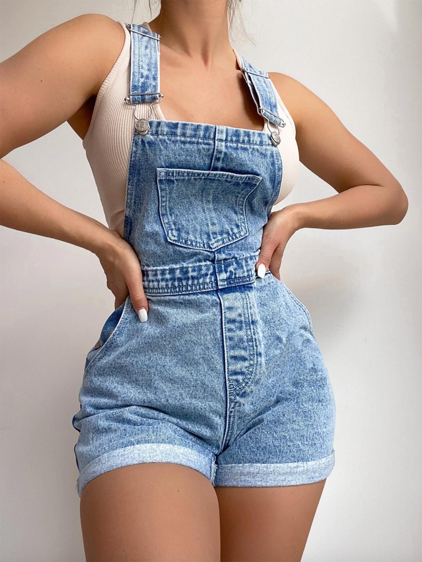 Women's Casual Roll Up Hem Denim Overalls Strap, Jeans Overalls, Shorts Bib Overalls, Vintage Denim Backless Shorts, High-Waisted Roll-Up Hem Casual Style, Loose-Fitting, Comfortable Fit, Perfect for Daily Wear, Adjustable, Baggy