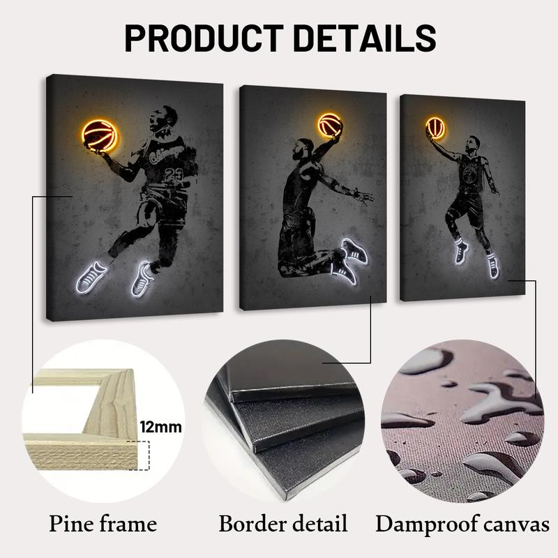 Basketball Player Pattern Canvas Painting with Frame, 3 Counts Basketball Fan Poster, Wall Art Decor for Home Living Room Bedroom Office, Modern Home Decor