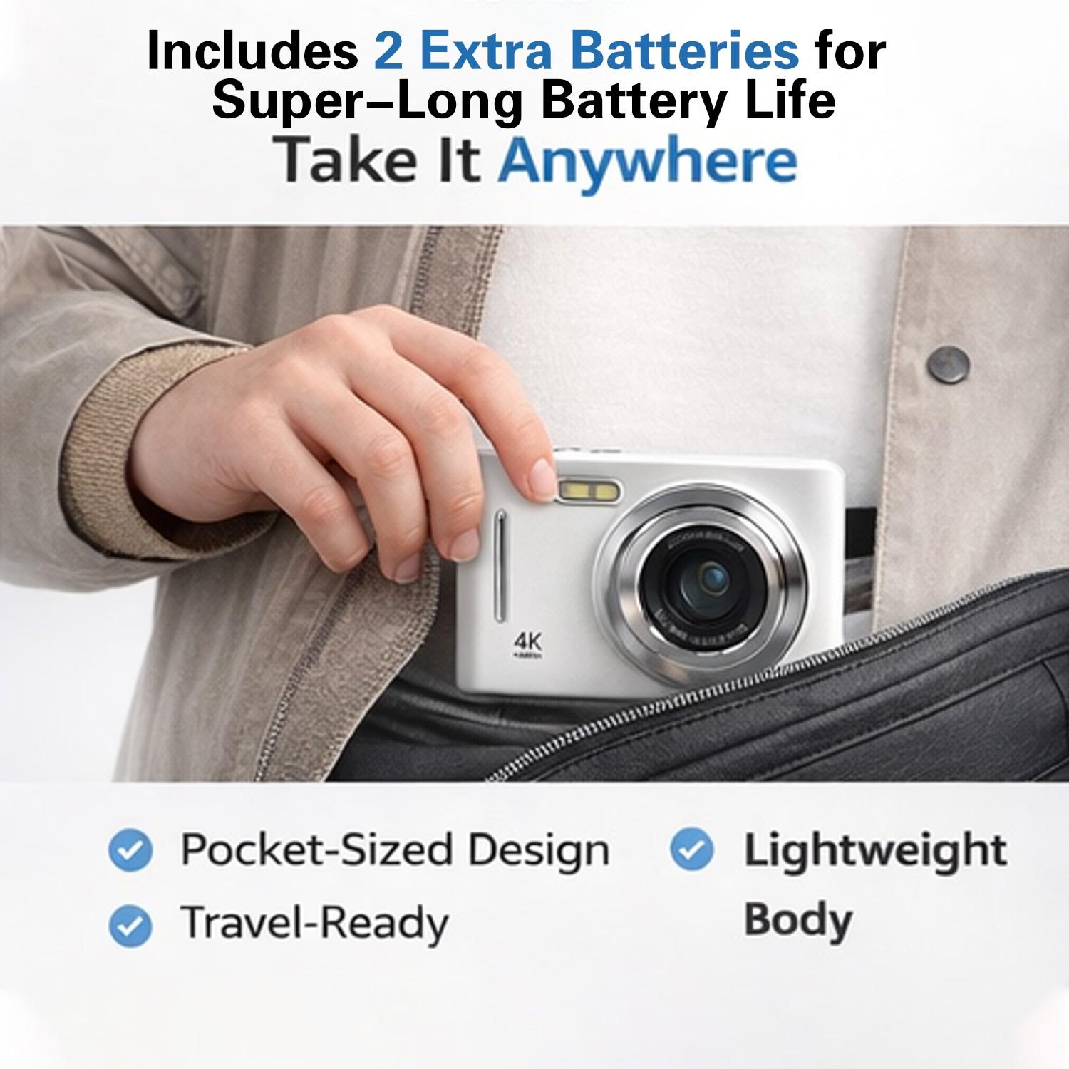 Digital Video Camera for Travel, Outdoor Photography, 1080P Lens, Auto Focus, Image Stabilization, 16x Zoom, 32GB Card, Dual Batteries