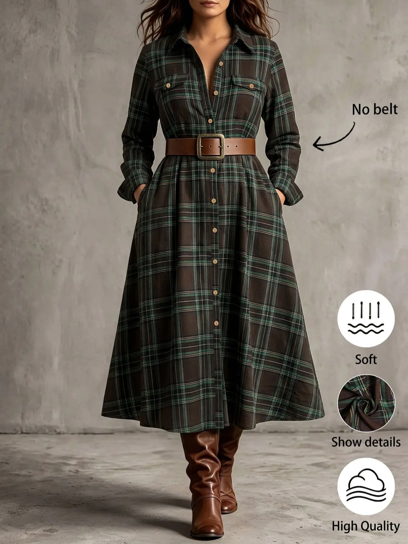 Women's Plaid Midi Shirt Dress, Long Sleeve Bell Bottom Dress, Front Button Vintage Style, No Belt, Elegant and Comfortable, Frenchy Style Dress