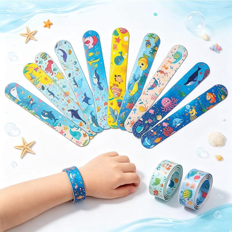 24pcs Ocean Quicksand Slap Bracelet, Mermaid Seashell Wristband, Colorful Marine Animal Snap Band, Assorted Designs, Beach Summer Decor Gift