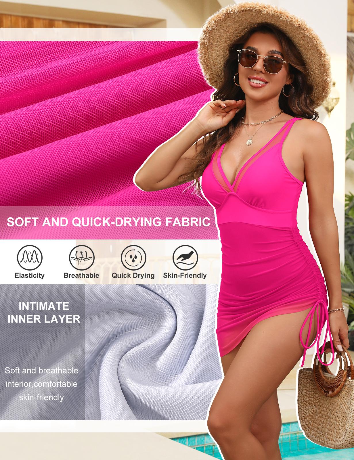 UMIPUBO Womens One Piece Swimsuit Tummy Control Bathing Suit V Neck Slimming Swimwear Sheer Mesh Swim Dress Sarong Wraps