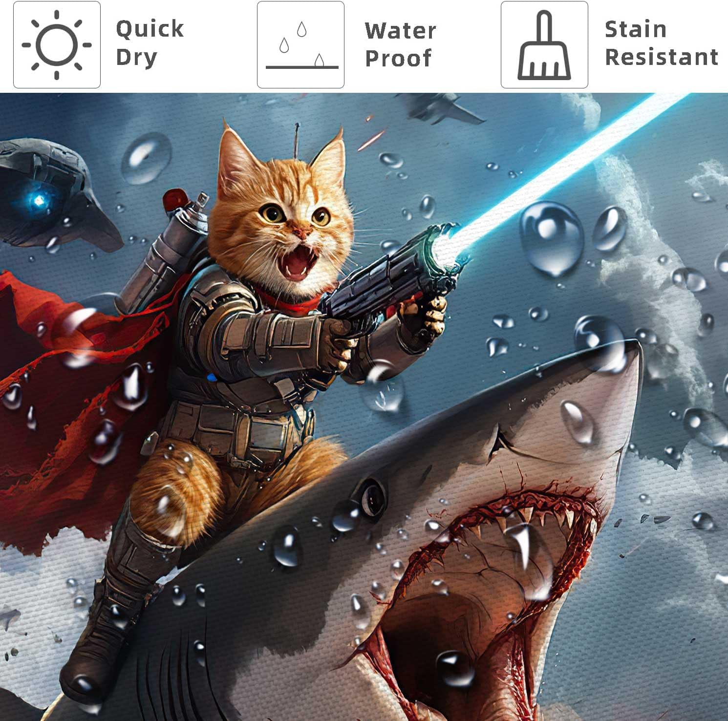 Funny Cat Knight Riding Shark in Space Battle Shower Curtain - Humorous Cat Laser Gun Galaxy Print, Waterproof Fabric Bath Curtain with 12 Hooks | Novelty Kids Bathroom Decor #showercurtain #catmeme #sharkdecor #spacecat #funnybathroom