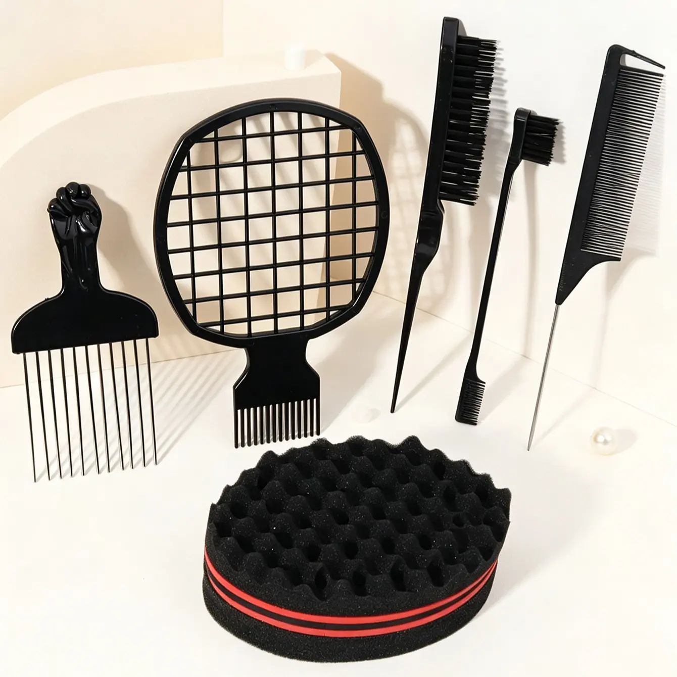 6-Piece African Hairstyle Kit, Magic Twist Curl Sponge Brush, Steel Needle Comb, Afro Hairbrush, Barber Brush, Tail Comb, Edge Brush