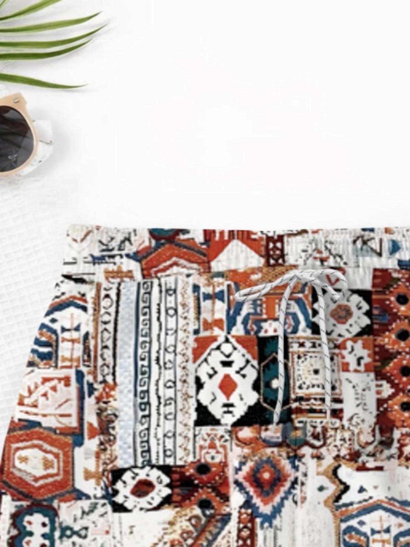 Summer Boys' Bohemian Ethnic Patchwork Drawstring Beach Pants, Kids Retro Loose Fit Coastal Vacation Swim Shorts, Cartoon Pattern