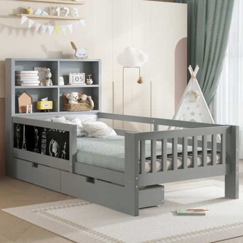 [Bellemave]Twin Platform Bed with Chalkboard,Solid Wood Platform Bed with Storage Drawers and Shelves,Childlike Fun and Space-saving Design