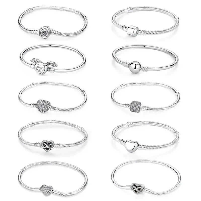 Original 925 Sterling Silver Bracelets Bangles Love Heart Clip Charms Beads Snake Chains For Women Rose Gold DIY Luxury Jewelry