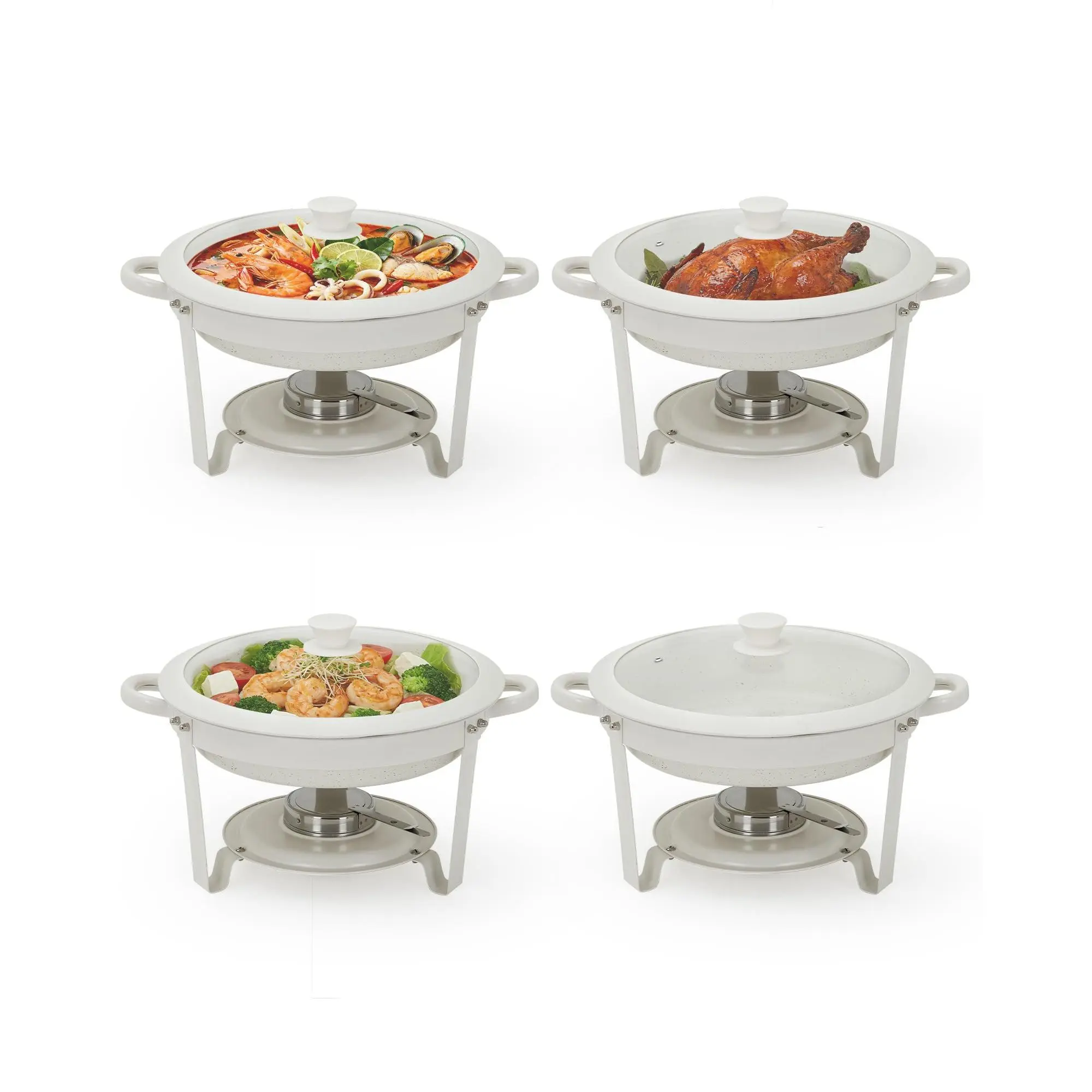 Round Chafing Dish Buffet Set 2/4/6 Pack Maifanite-Coated White Glass Lids Commercial Food Warmer