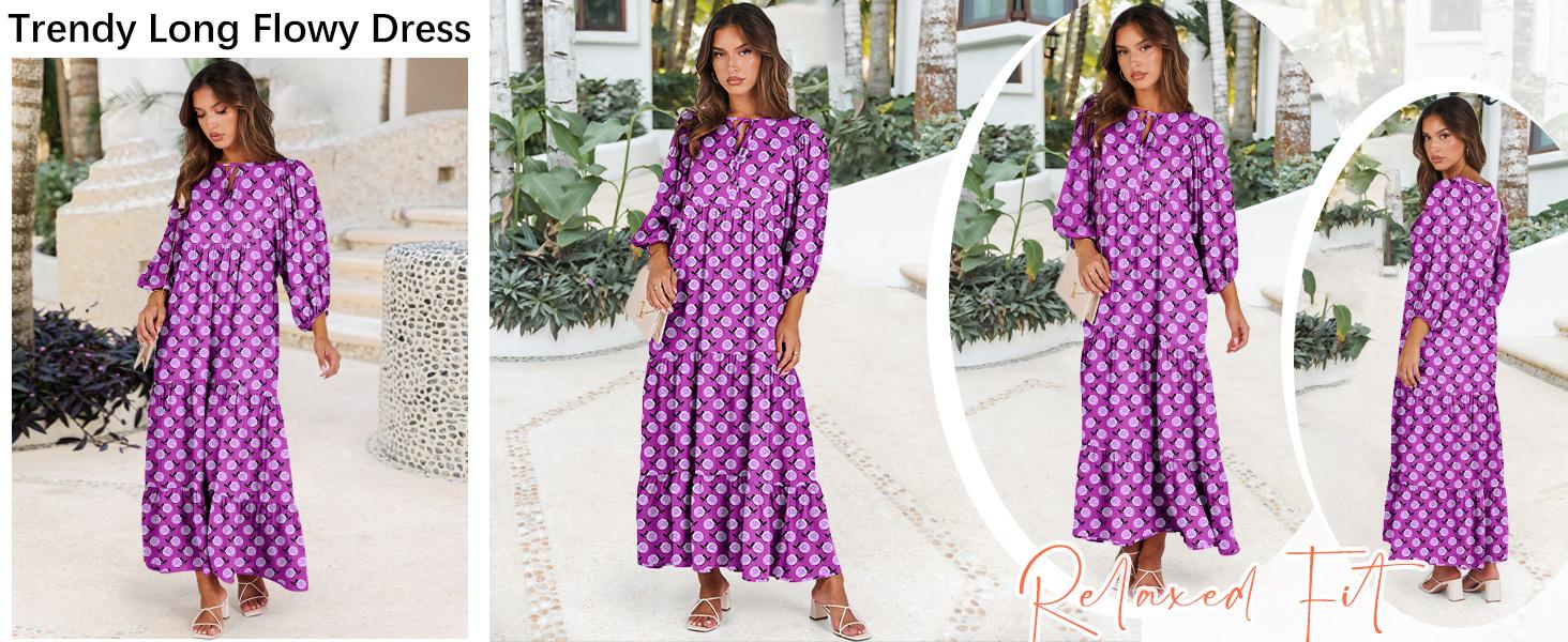 ANRABESS Womens Boho Maxi Dresses 2026 Summer V Neck Puff Sleeve Floral Flowy Swing Casual Long Dress