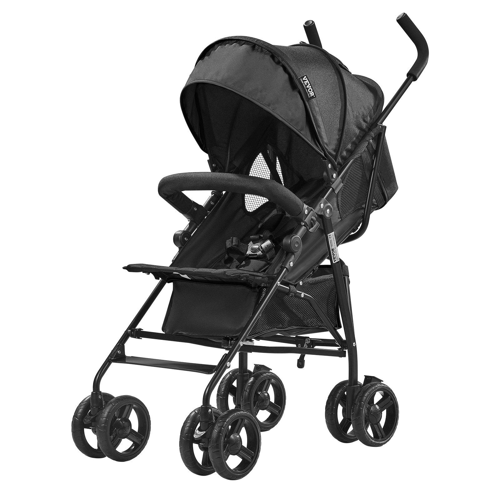 fathersdaygift VEVOR Lightweight Stroller, Compact Easy Fold MultiPosition Recline Canopy Backrest, Carbon Steel Frame, Large Storage Basket, Cup Holder, Umbrella Toddler Baby Stroller for Travel and More, Black