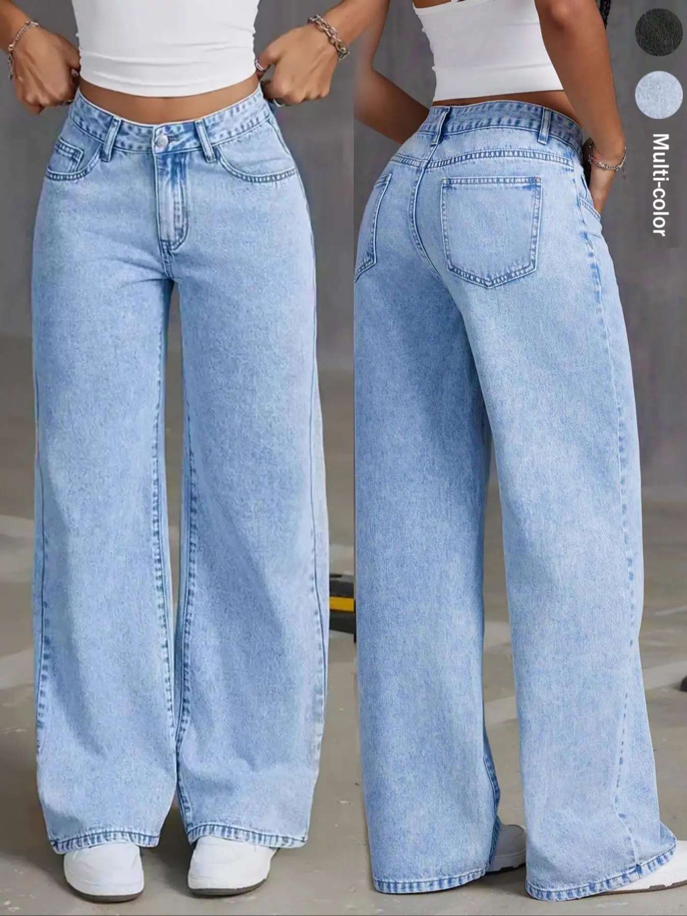 Women's Wide Leg Baggy Oversized Light Wash Jeans with Pocket, Casual Button-Up Denim Pants, Loose Fit with Natural Waist for Everyday Wear Bottom