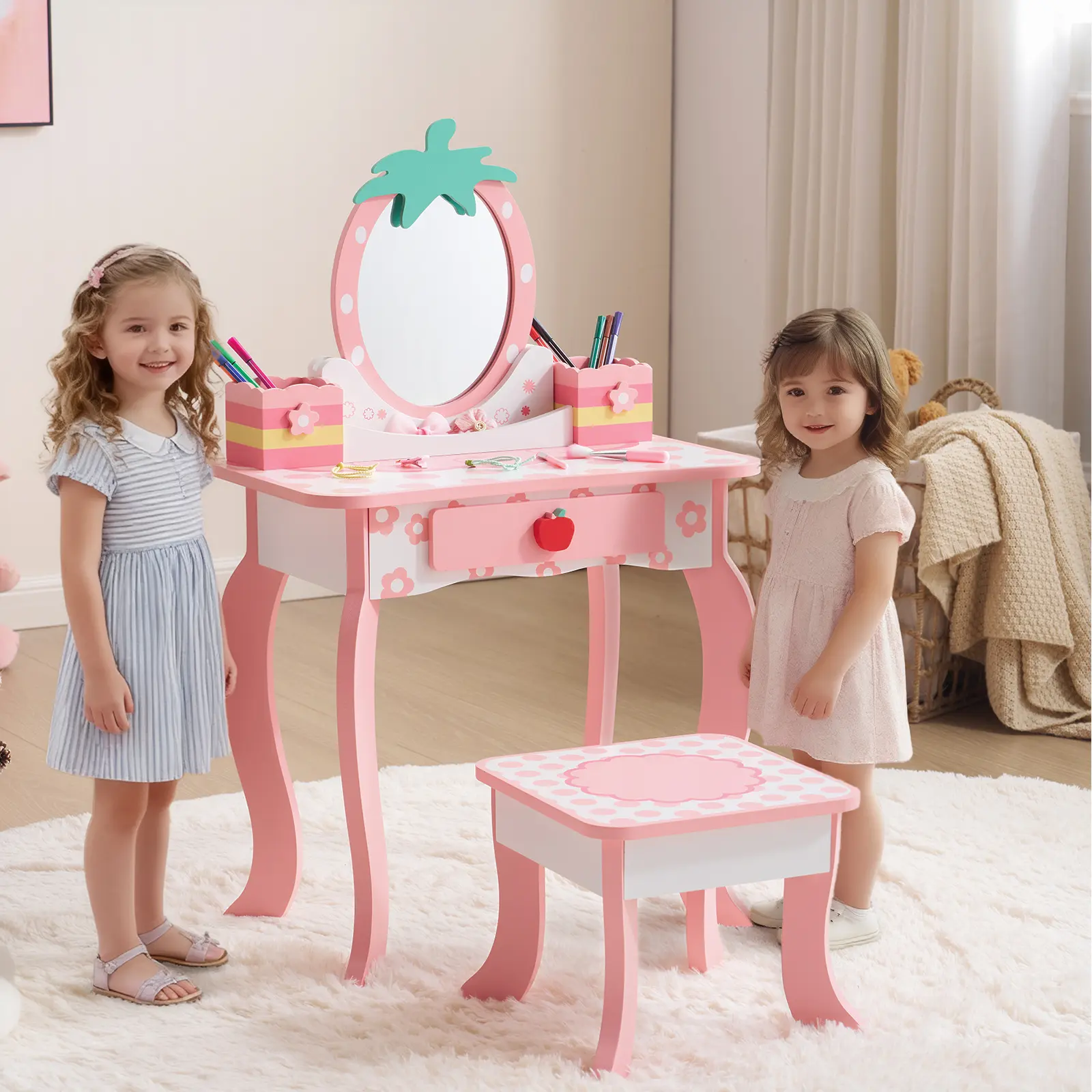 Strawberry Wooden Kids Vanity Table, Toddler Pretend Play Makeup Dressing Table with Mirror & Storage Drawer, Princess Play Vanity Toy Gift for Little Girls Age 3+,cute,aesthetic