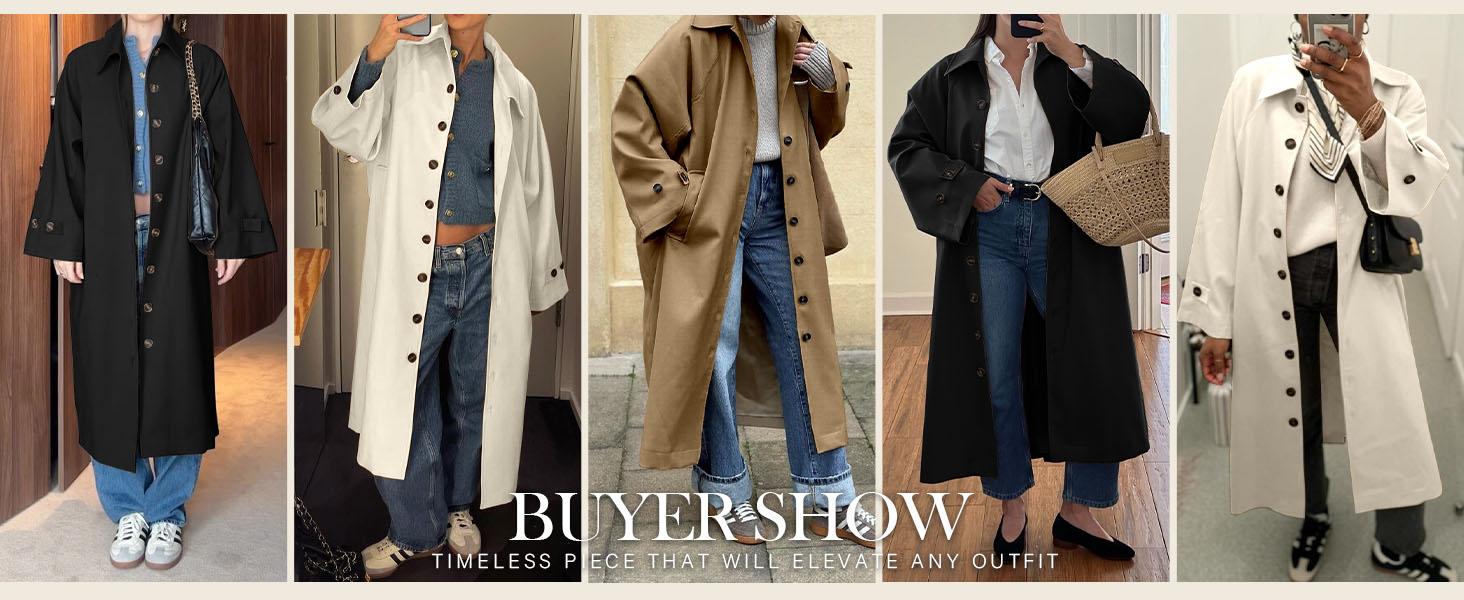 Tankaneo Womens Long Trench Coat Single Breasted Oversized Windproof Classic Lapel Fall Overcoat Jackets Outfit