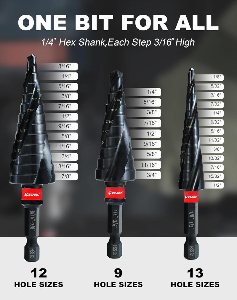 EZARC Wear-Resistant AlTiN Coated Step Drill Bit Set, 1/4" Hex Shank for Metal, Stainless Steel, Aluminum, Plastic Cutting Heavy Duty, FathersDayGift