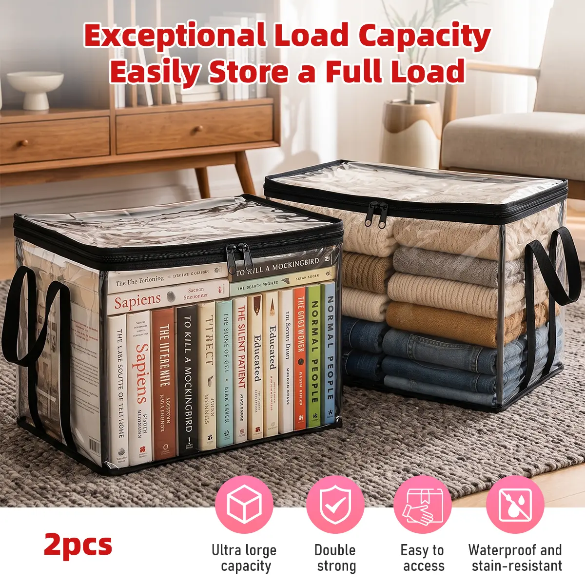 2/4 Pack Black PVC Storage Box with Handle, Large Clear Thick Plastic Organizer, Heavy‑Duty High‑Capacity for Dolls Stuffed Animals, Waterproof Dustproof for Dorm Home Moving Attic