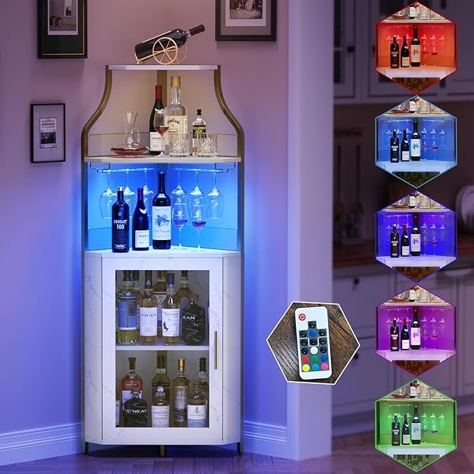 Corner Bar Cabinet with LED Lights, Wine Bar Cabinet with Adjustable Shelf and Glass Holder 5-Tiers Storage Space Corner Liquor Cabinet Industrial Liquor Cabinet for Small Space