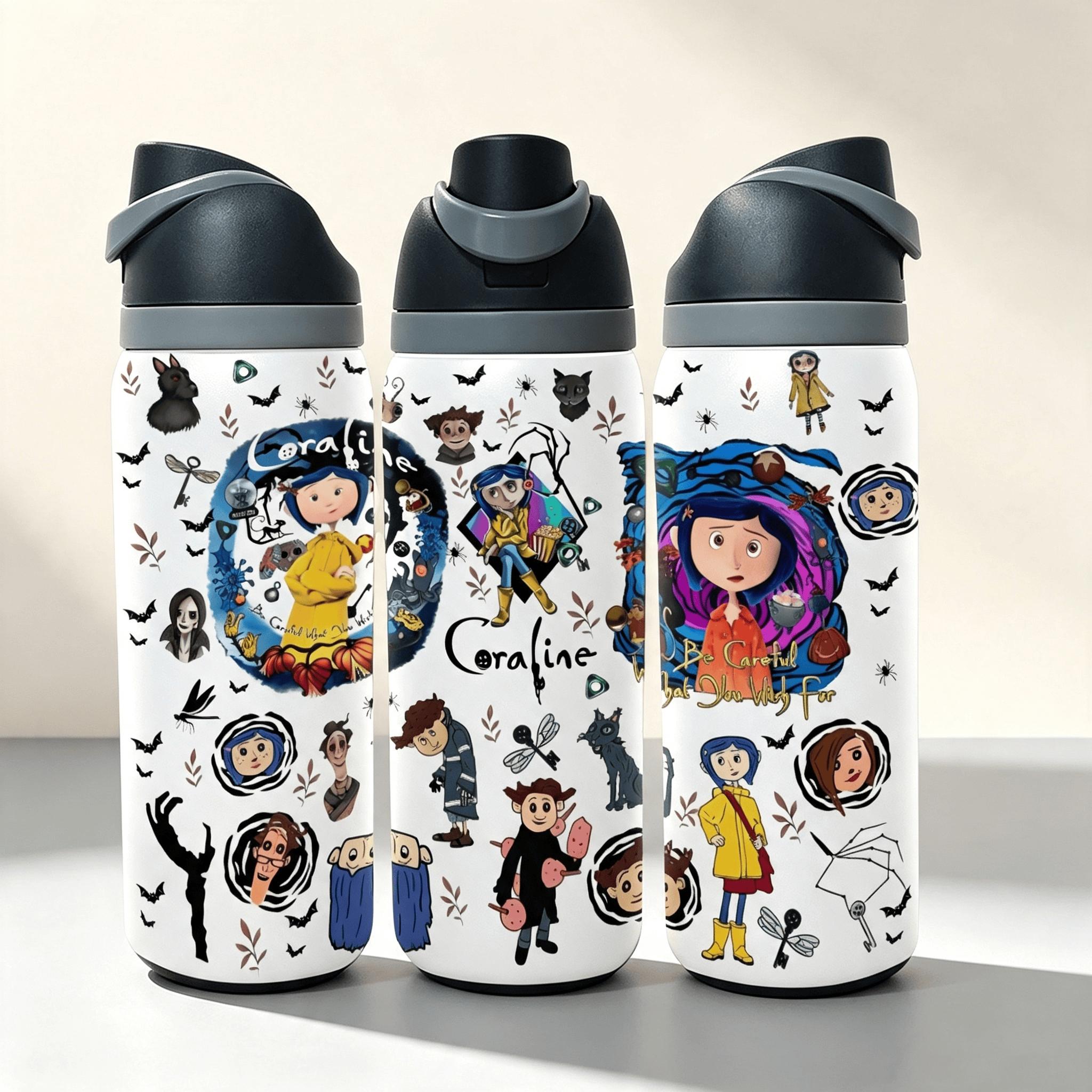1pc 32oz Coraline Cartoon Insulated Water Bottle, Double‑Wall Stainless Steel Portable Travel Tumbler, Horror Animation Character Print, Flip Spout Lid, Leak‑Proof Reusable Cup, For Daily School Outdoor, Animation Fan Collectible Gift